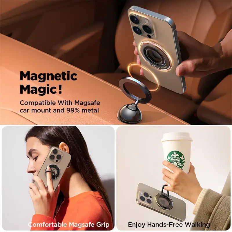 Phone case with magnetic ring and car mount compatibility, used for phone calls and walking.