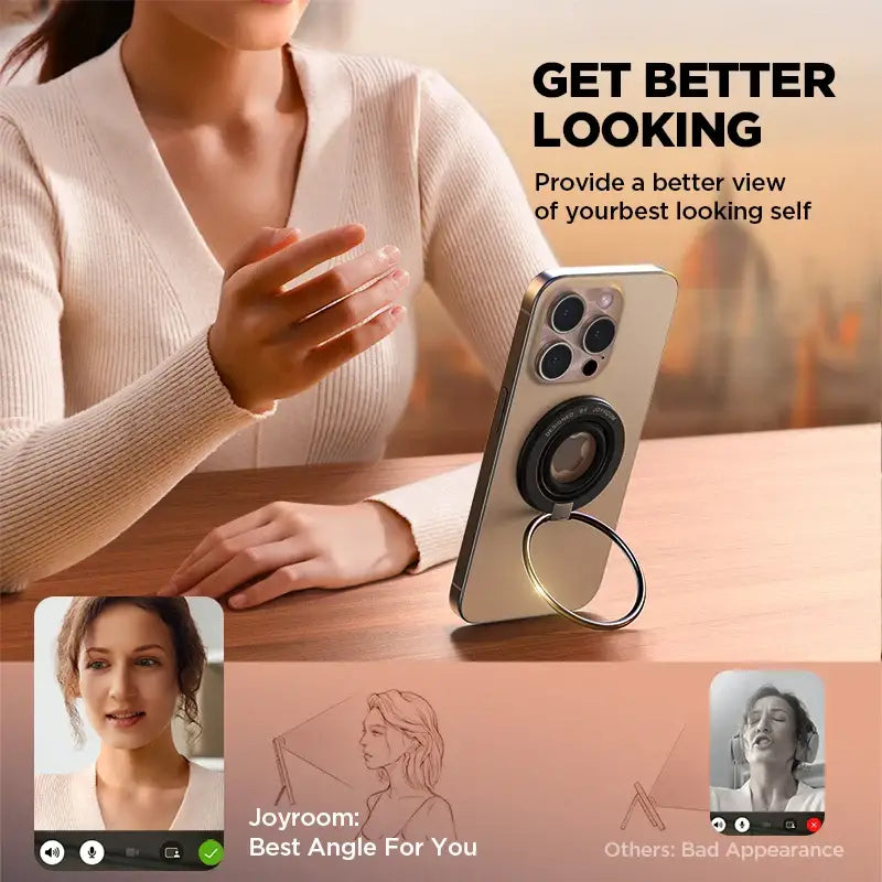 Smartphone with a ring holder on a table, with a woman in the background, and text about providing a better view of oneself.