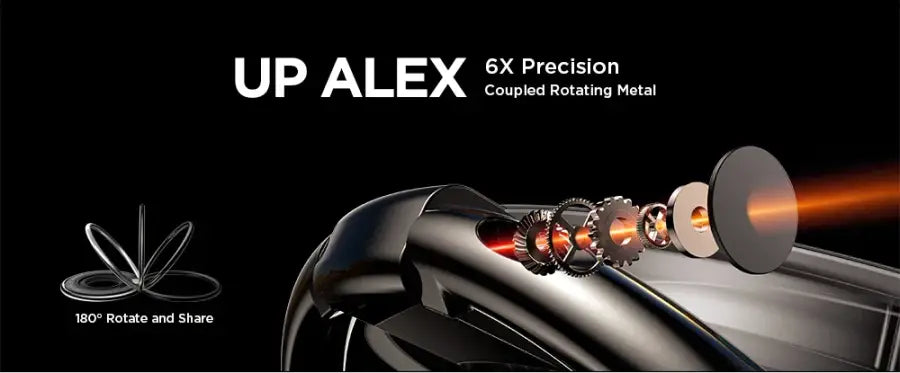 Technical illustration of 'UP ALEX' with mechanical components on a black background