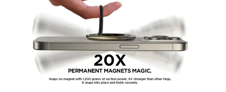 Phone case with permanent magnets and text highlighting magnetic strength