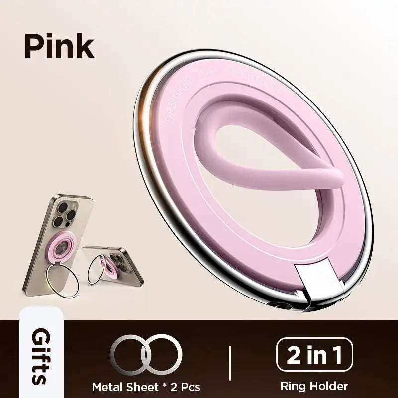 Pink ring holder with metal sheet and two phone cases on a beige background