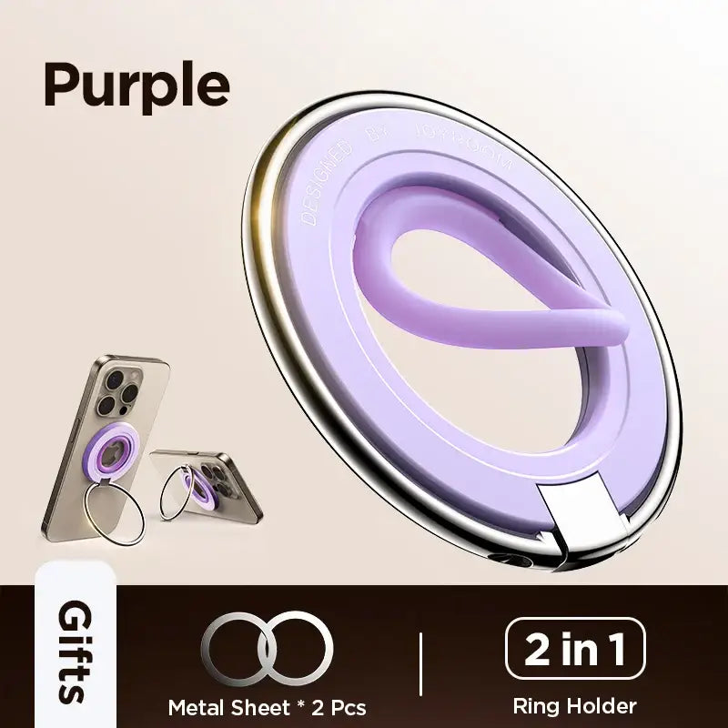 Purple phone ring holder with metal sheet and two additional items on a beige background