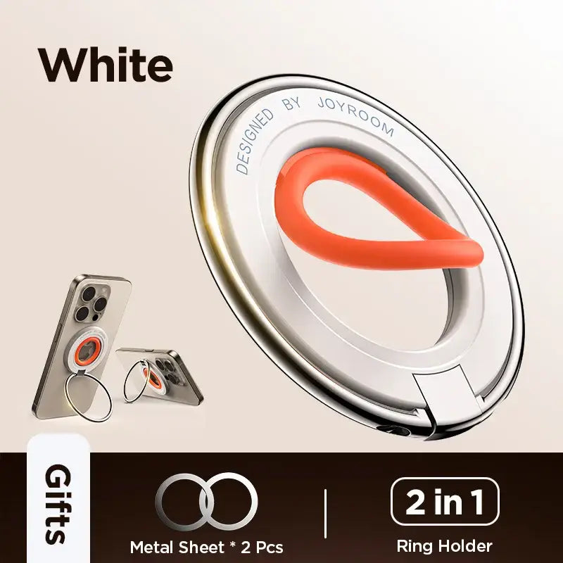 White ring holder with red accent and phone case on beige background, featuring JOYROOM branding.