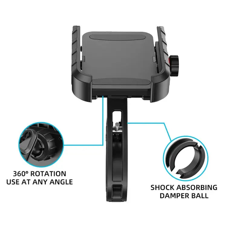 Phone holder with 360-degree rotation and shock absorbing damper ball features on a white background