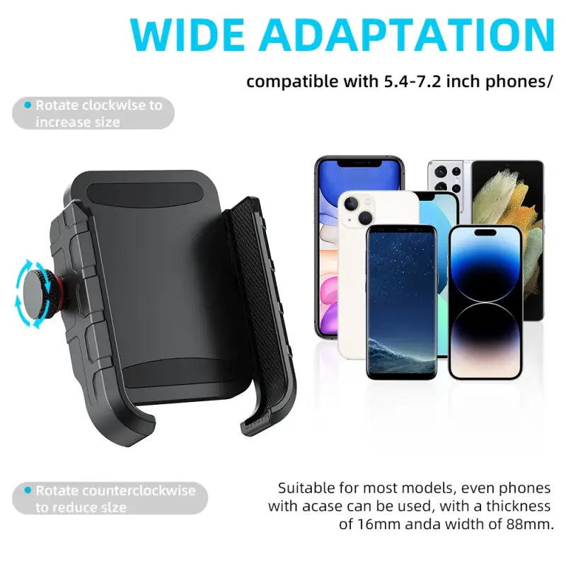 Phone holder with compatibility information for various phone models on a white background