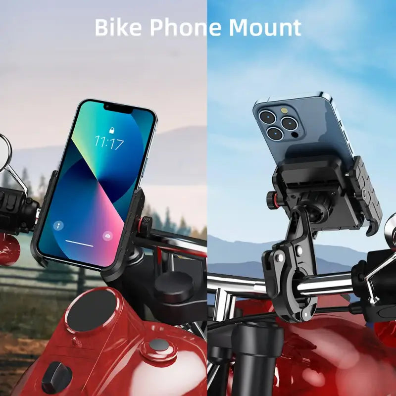 Bike phone mount holding a smartphone with a scenic background