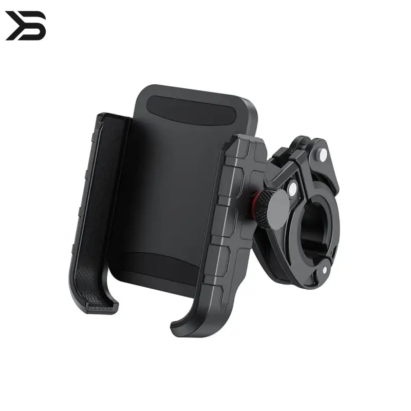 Black phone mount with bike handlebar attachment on a white background