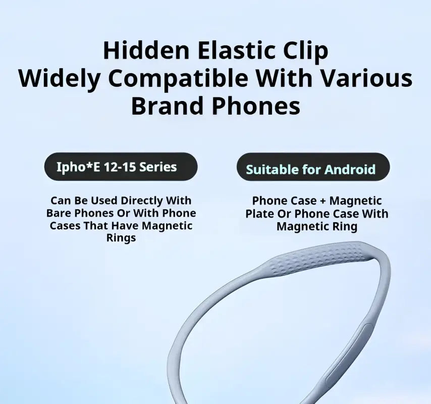 Hidden Elastic Clip compatibility information with various phone series on a light blue background