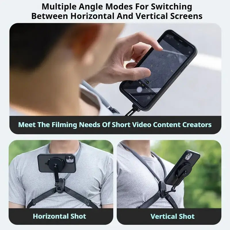 Phone holder with multiple angle modes for filming, shown on a person wearing it.