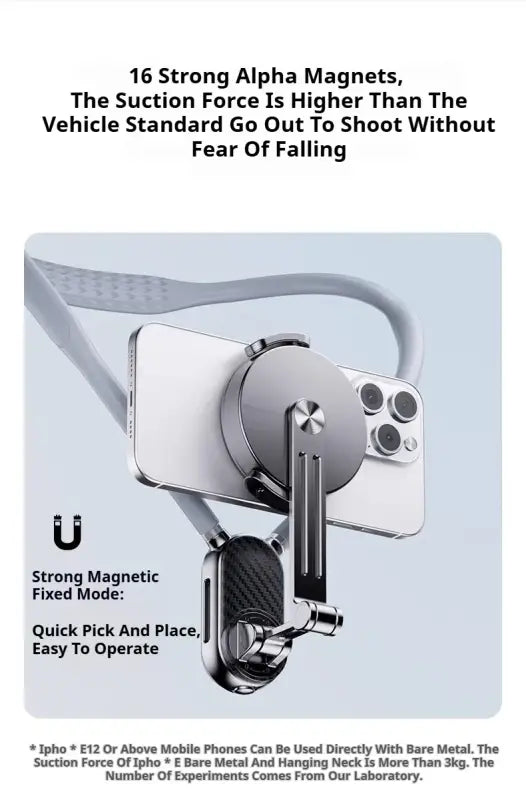 Magnetic phone holder with text on a light blue background