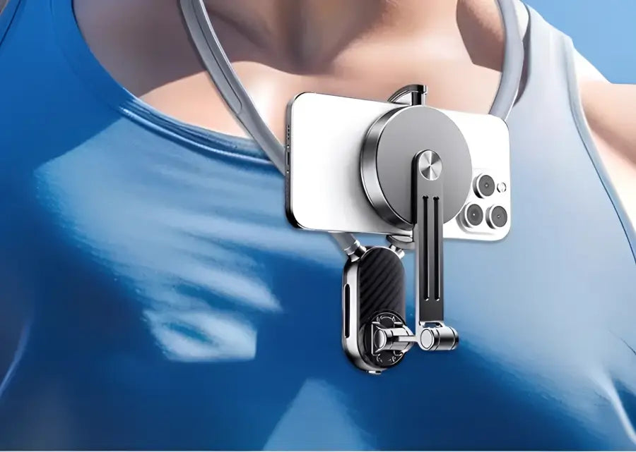 Phone case with multiple attachments worn by a person on a blue background