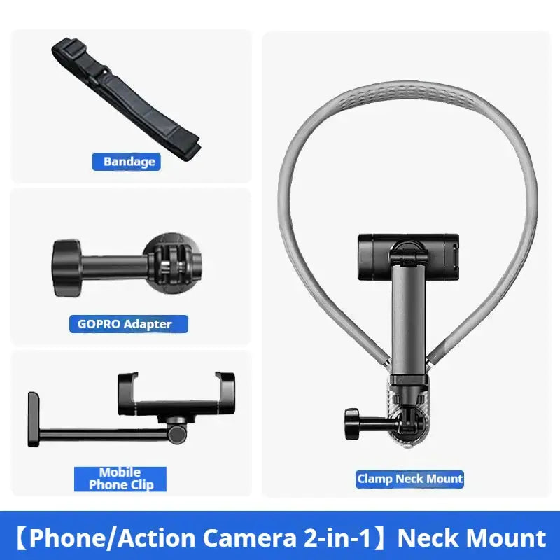 Phone/Action Camera 2-in-1 Neck Mount with components on a white background