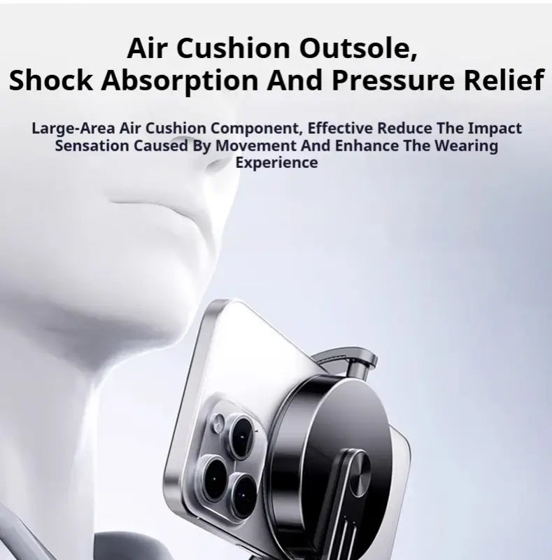 Close-up of a shoe sole with air cushion technology and text about shock absorption and pressure relief.