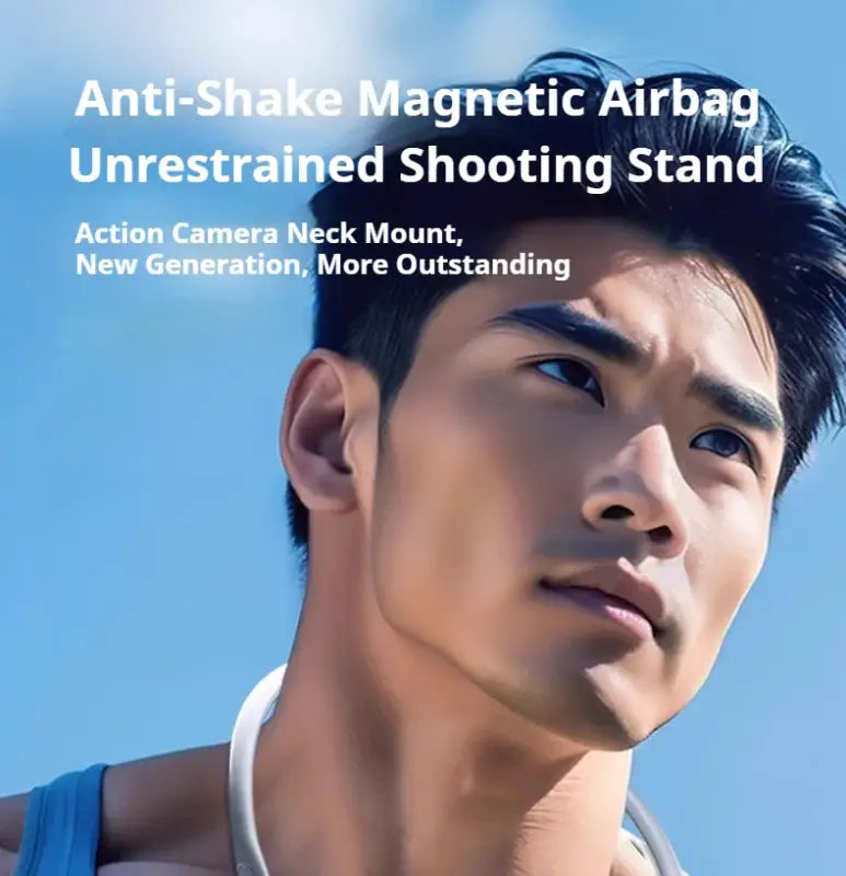 Man with blue sky background and text about anti-shake magnetic airbag and action camera neck mount.