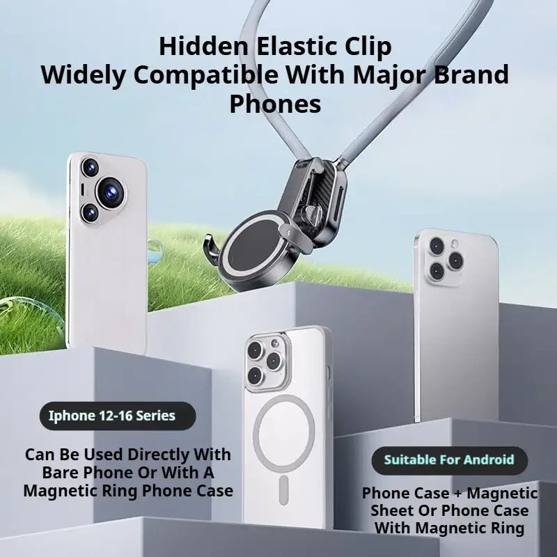Hidden elastic clip compatible with major brand phones, shown on a smartphone and magnetic ring phone case.