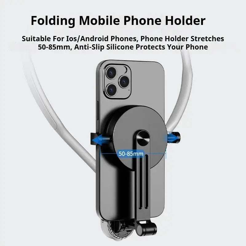 Folding mobile phone holder with text on a white background