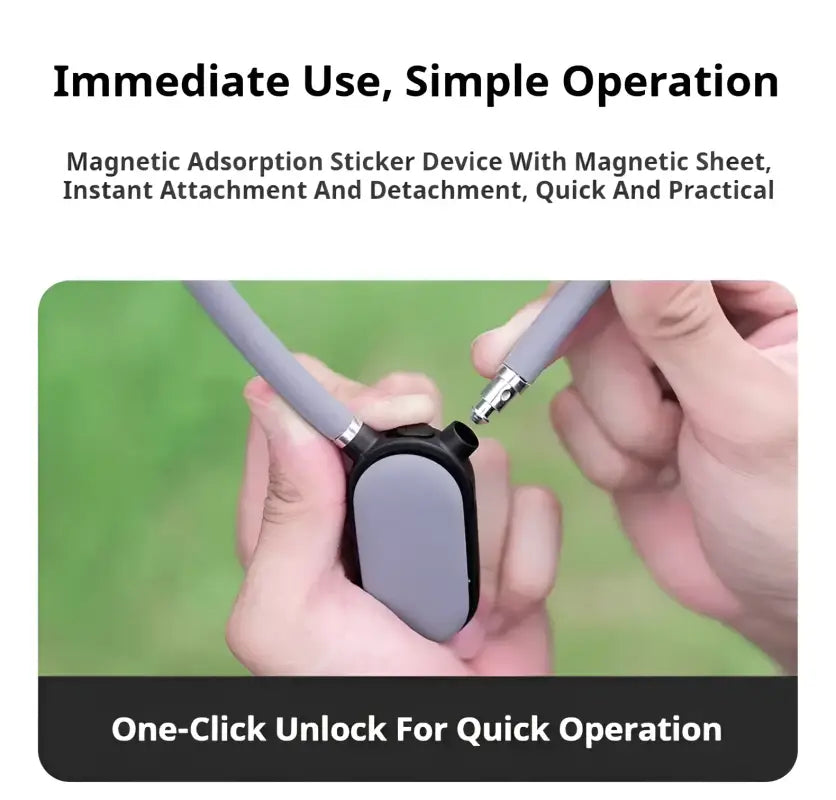 Magnetic adsorption sticker device with hands demonstrating attachment and detachment on a green background.