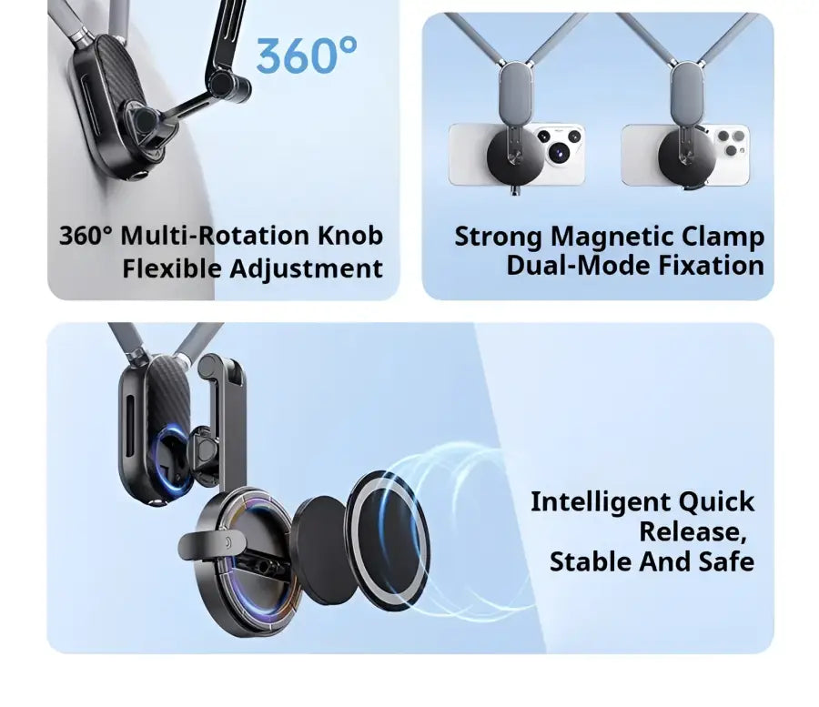 Product features with 360-degree rotation knob, strong magnetic clamp, and intelligent quick release on a blue background.