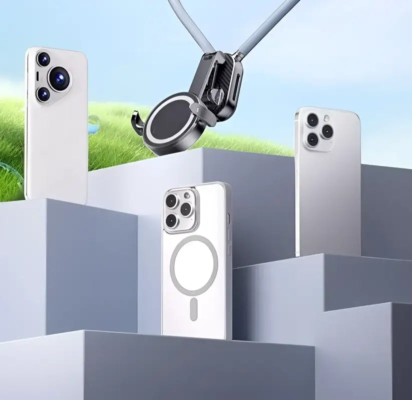 Smartphone with magnetic ring and phone holder on a geometric background