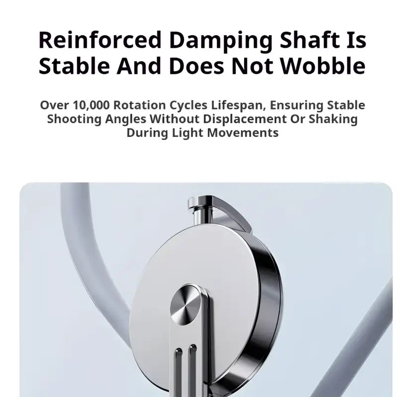 Metallic damping shaft with text about stability and lifespan on a light background