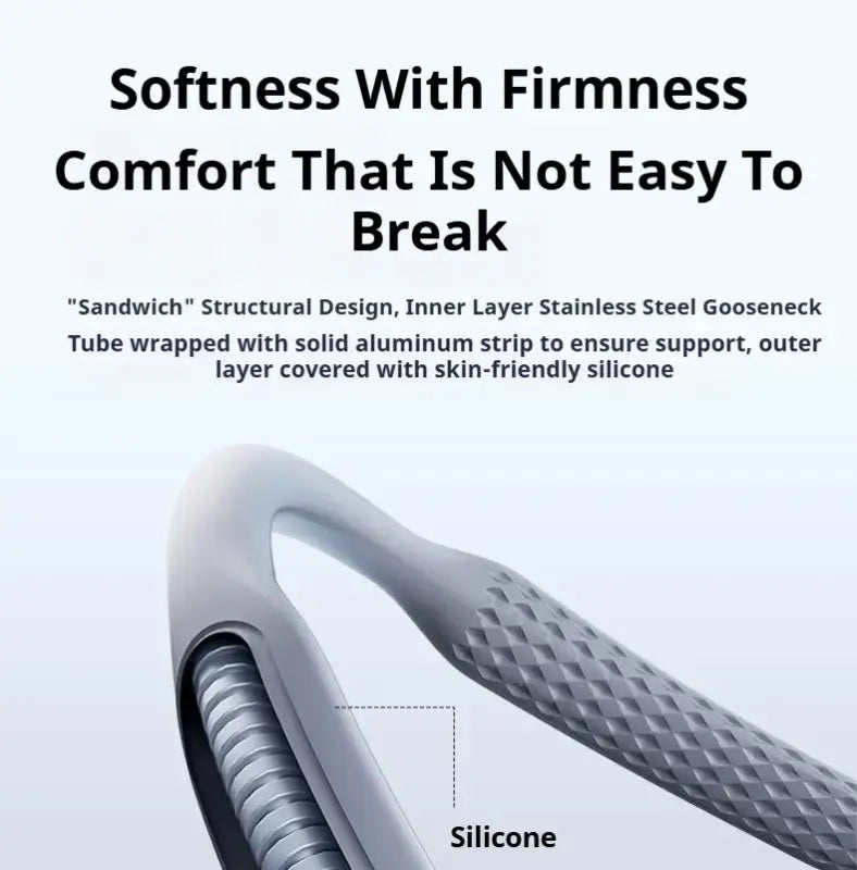 Product with 'sandwich' structural design featuring stainless steel, aluminum, and silicone on a light blue background.