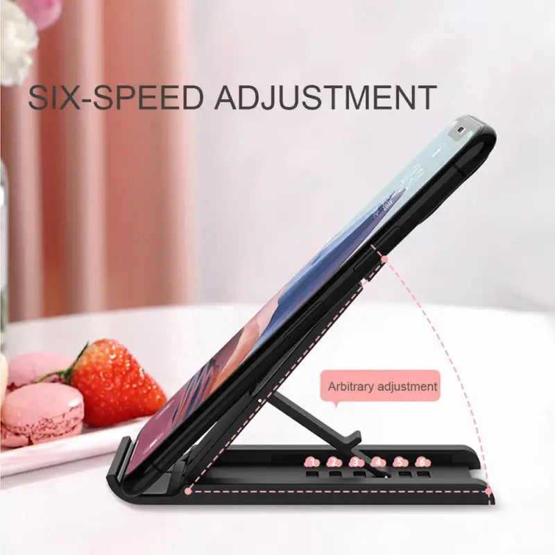 Phone stand with six-speed adjustment feature on a blurred background
