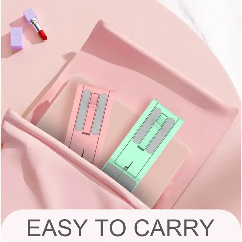 Makeup palette with pink and green shades on a pink background, labeled 'Easy to Carry'.