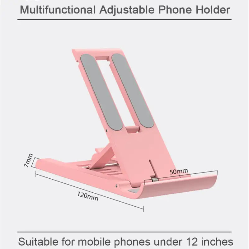 Pink multifunctional adjustable phone holder with dimensions on a white background