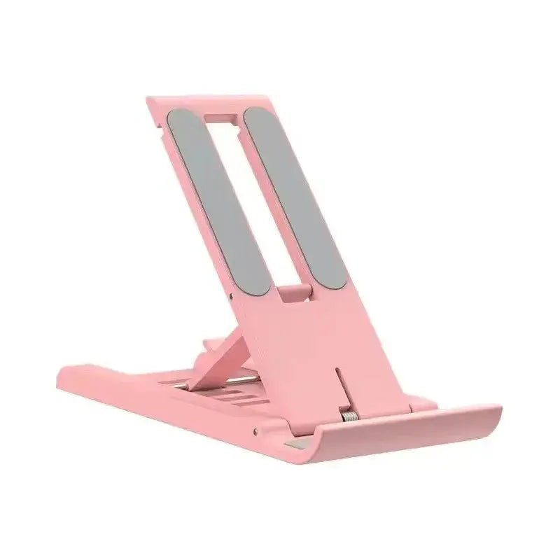Pink phone stand with gray adjustable section on a white background