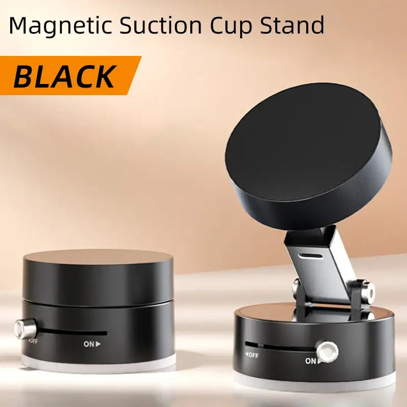 Black magnetic suction cup stand with control buttons on a beige background