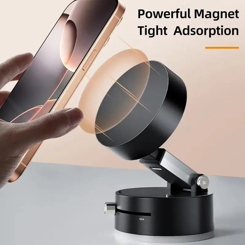 Black magnetic phone holder with smartphone on a light gray background