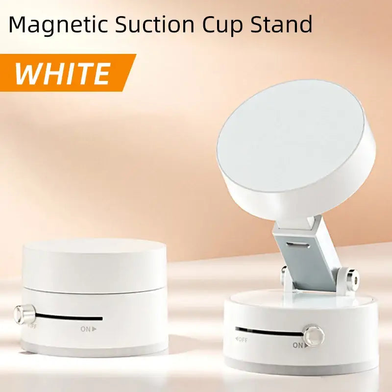 White magnetic suction cup stand with adjustable arm on a beige background