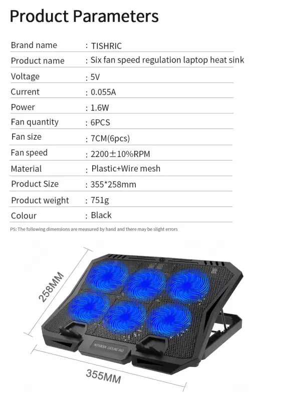 TISHRIC Laptop Cooling Pad - Top angle showing six fan configuration