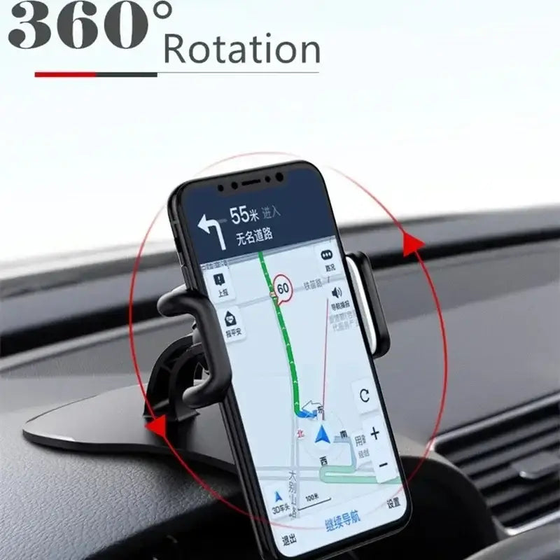 Phone mount with 360-degree rotation feature on a car dashboard