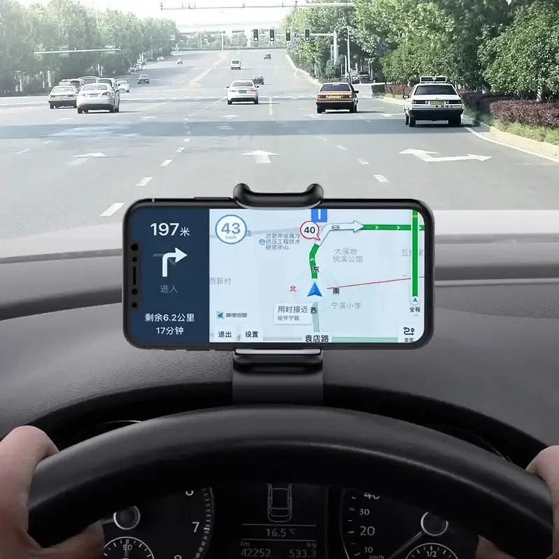 Phone with navigation app on a dashboard in a car