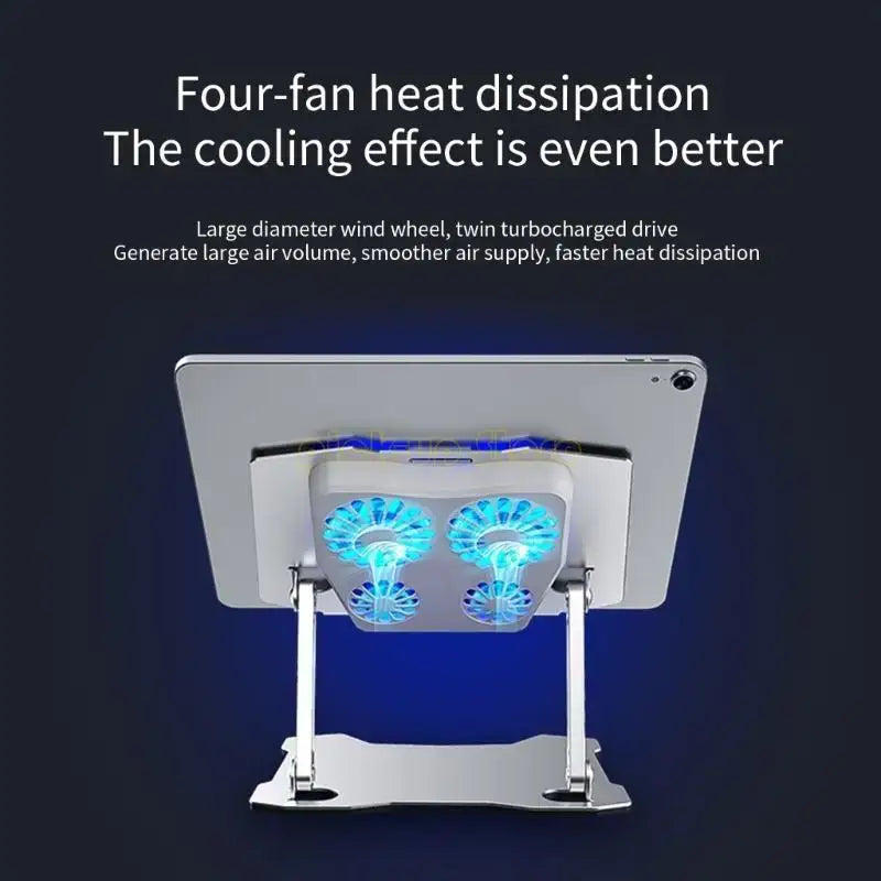 Cooling stand with four fans on a dark background