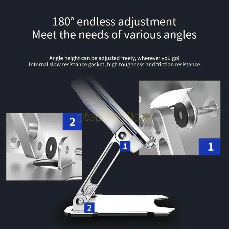 Metal clamp with adjustable arm on a dark background, featuring text about its features.