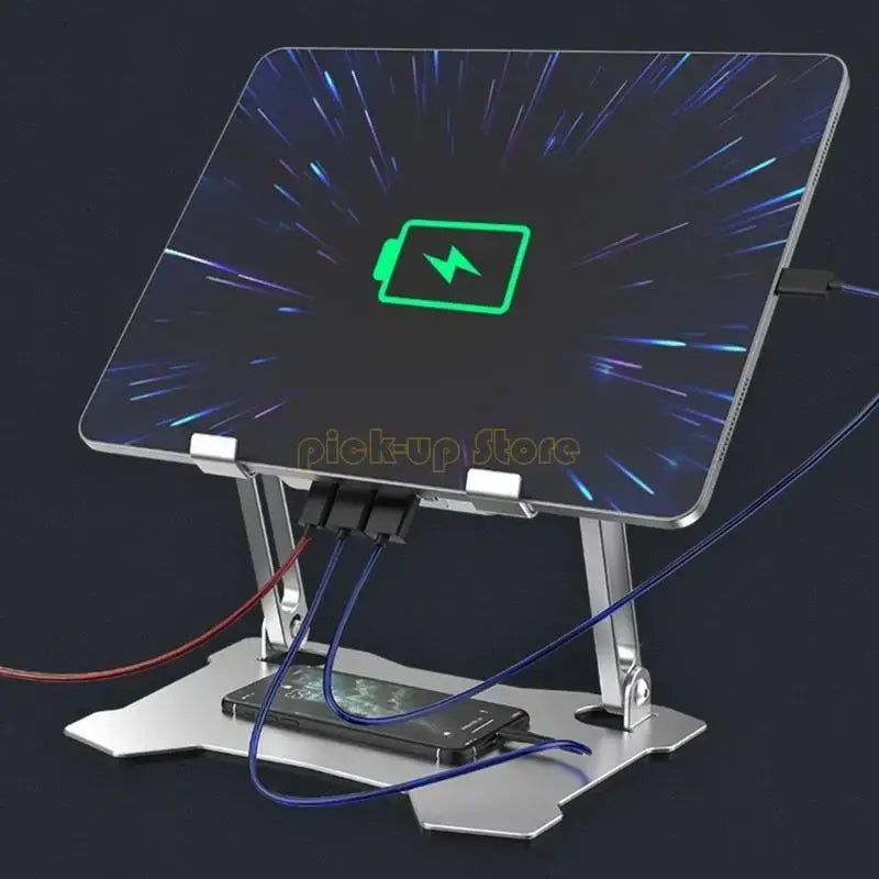Phone charging stand with glowing battery icon on a dark background
