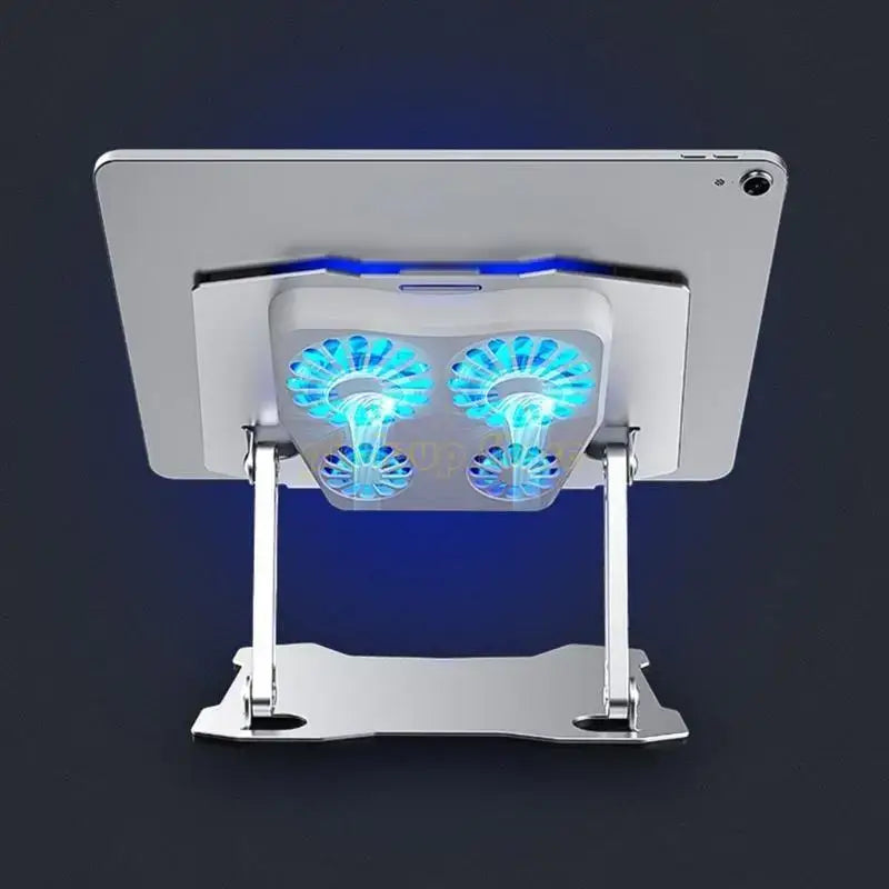 Laptop cooling stand with blue LED lights on a dark background