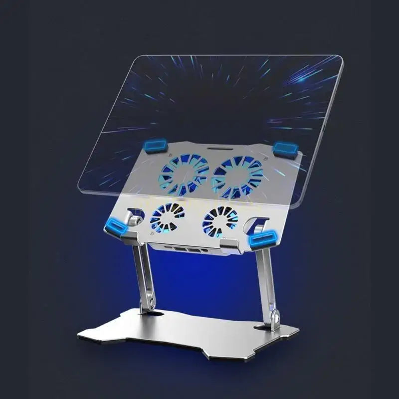 Laptop cooling stand with fans on a dark background