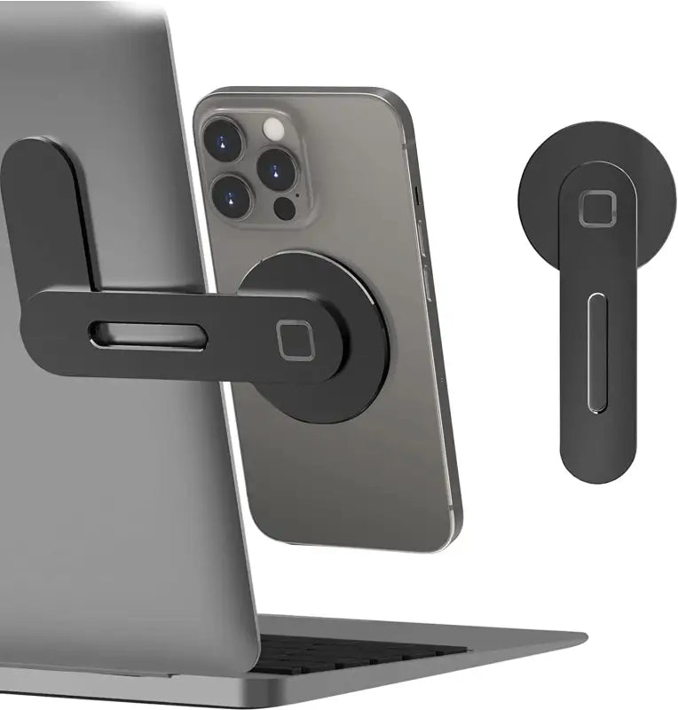 Smartphone and wireless earbuds on a stand with a white background