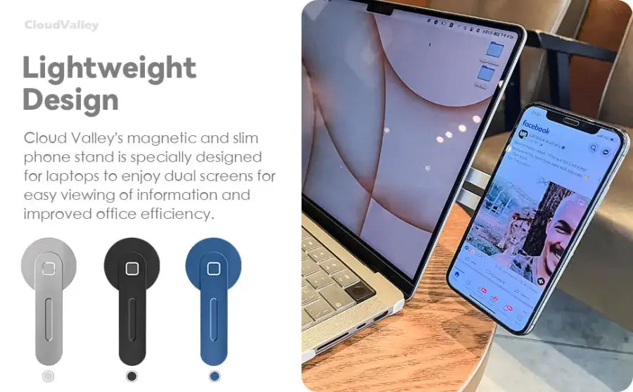 Cloud Valley magnetic phone stand with laptop and smartphone on a wooden surface