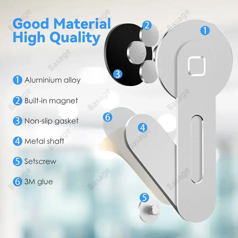 Metal door handle with labeled components on a blurred background