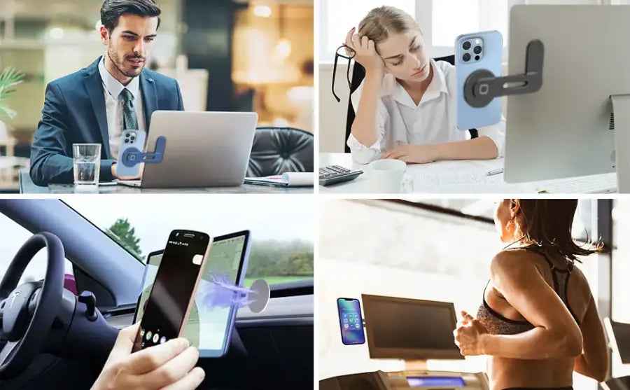 Collage of people using technology in various settings including a car, office, and home.