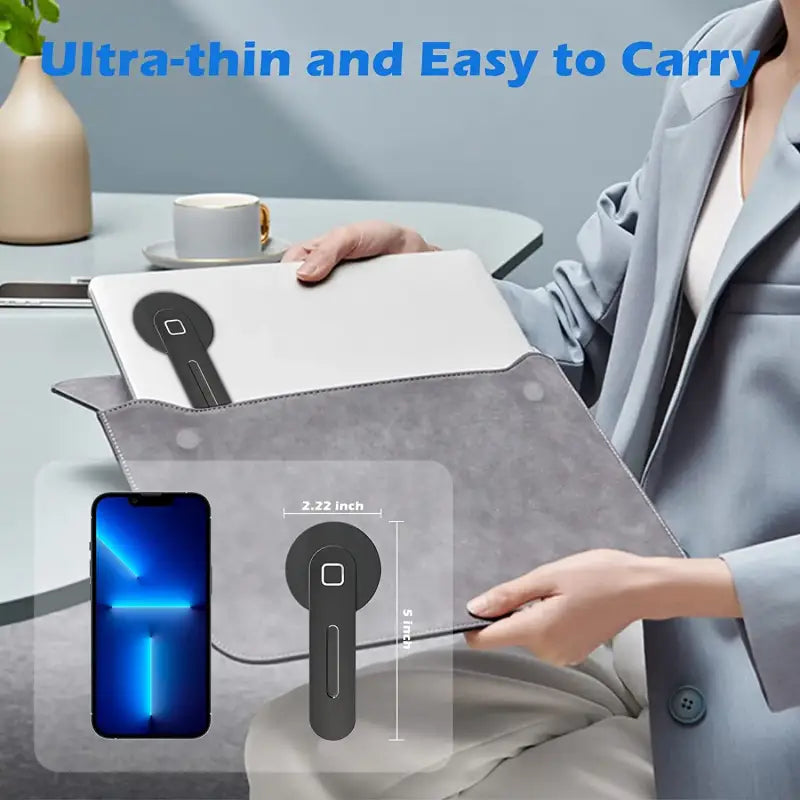 Person holding a gray case with a phone and earbuds, text 'Ultra-thin and Easy to Carry' above.