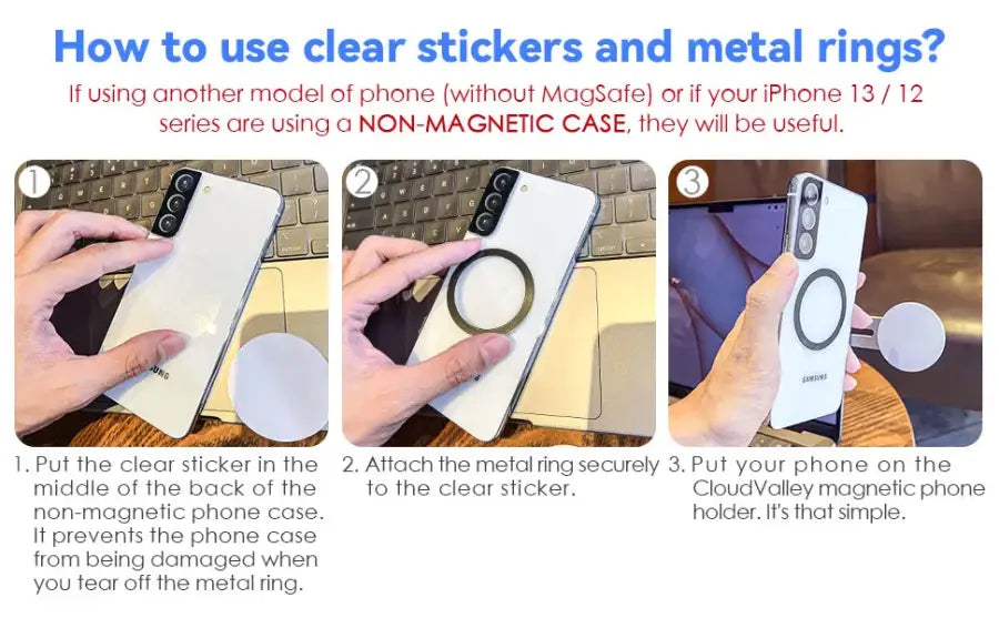 Instructions on how to use clear stickers and metal rings with a phone, including steps and images of hands performing actions.