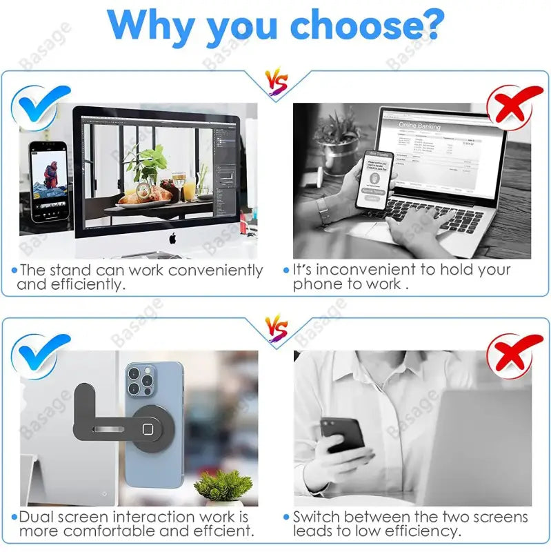 Comparison chart showing benefits of a computer stand with dual screen interaction.