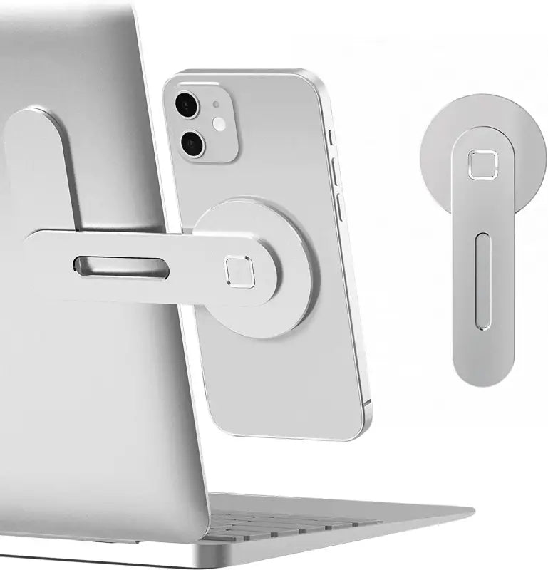 Phone holder with smartphone, Apple AirTag, and computer monitor on a white background