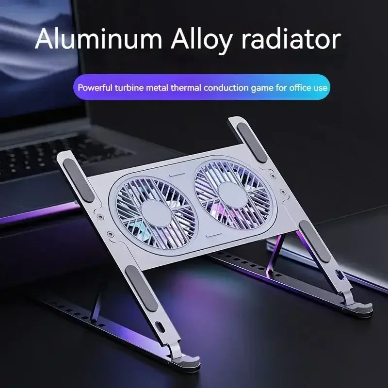 Laptop cooling stand with dual fans on a dark background