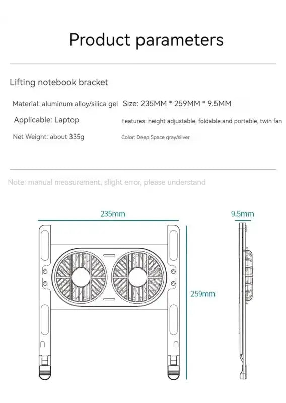 Product parameters of a lifting notebook bracket with dimensions and features.